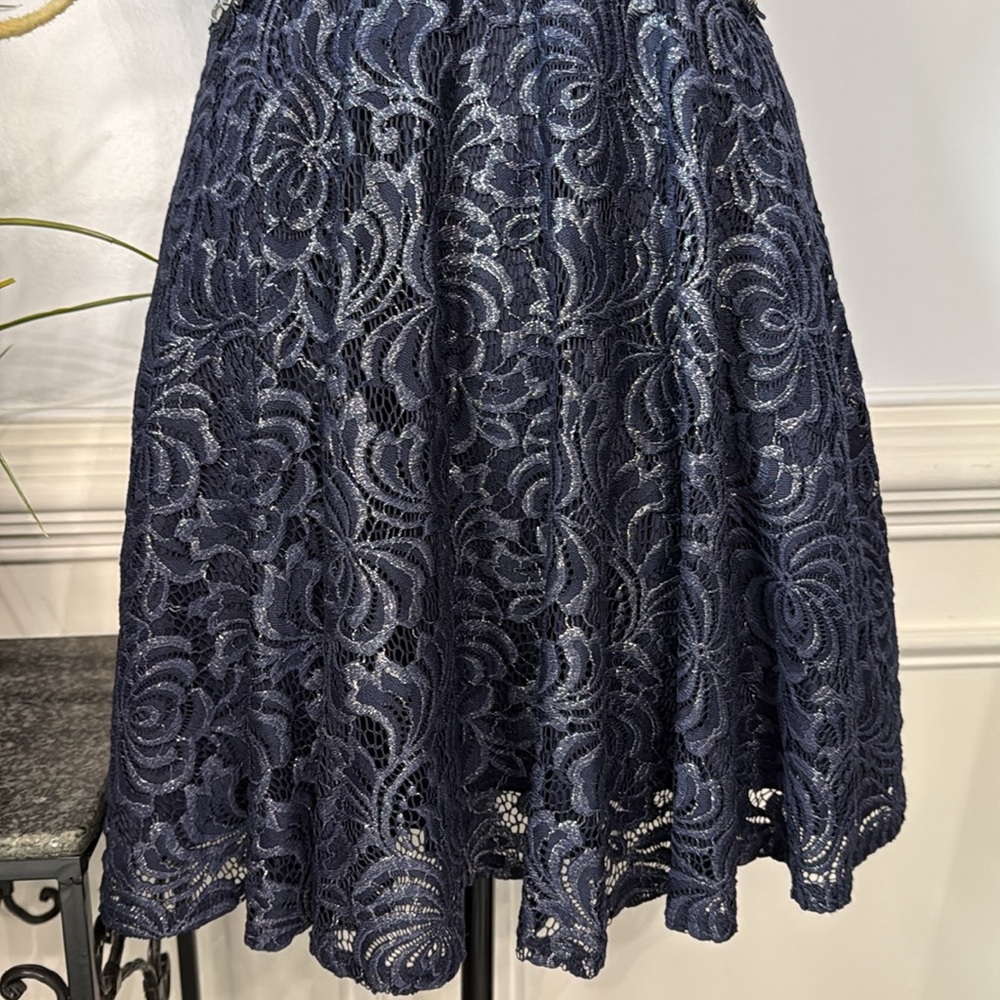 ❤️ City StudioNavy Blue Lace Rhinestone Crochet Cutout Sleeveless Dress 5 - Picture 3 of 8